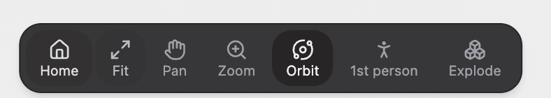 Camera toolbar with Home, Fit, Pan, Zoom, Orbit, 1st person, and Explode