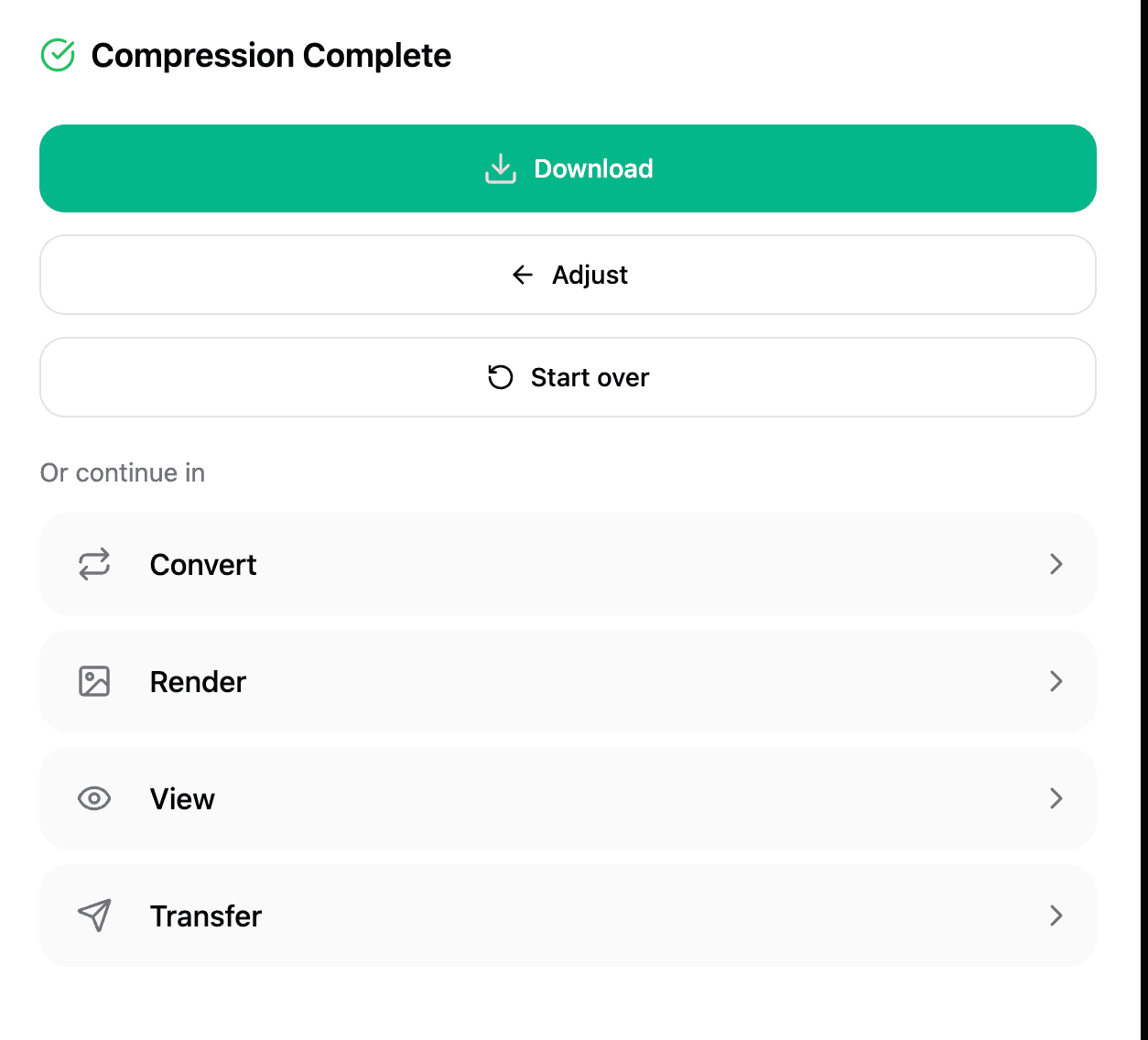 Compression Complete screen with Download, Adjust, Start over, and continue actions