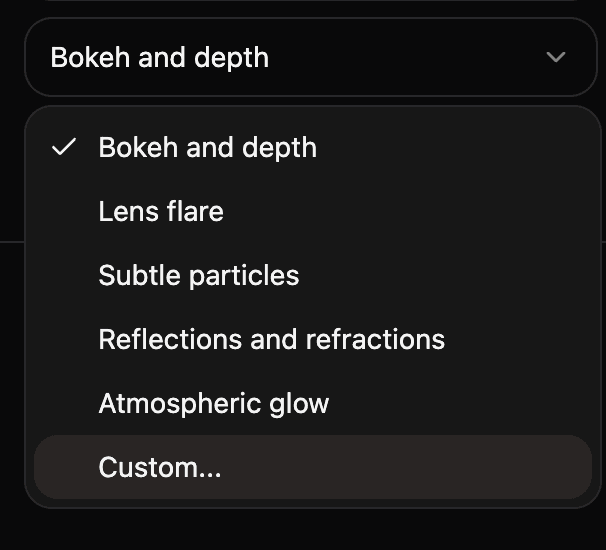 Preset effects dropdown with bokeh, lens flare, particles, reflections, glow, and custom options