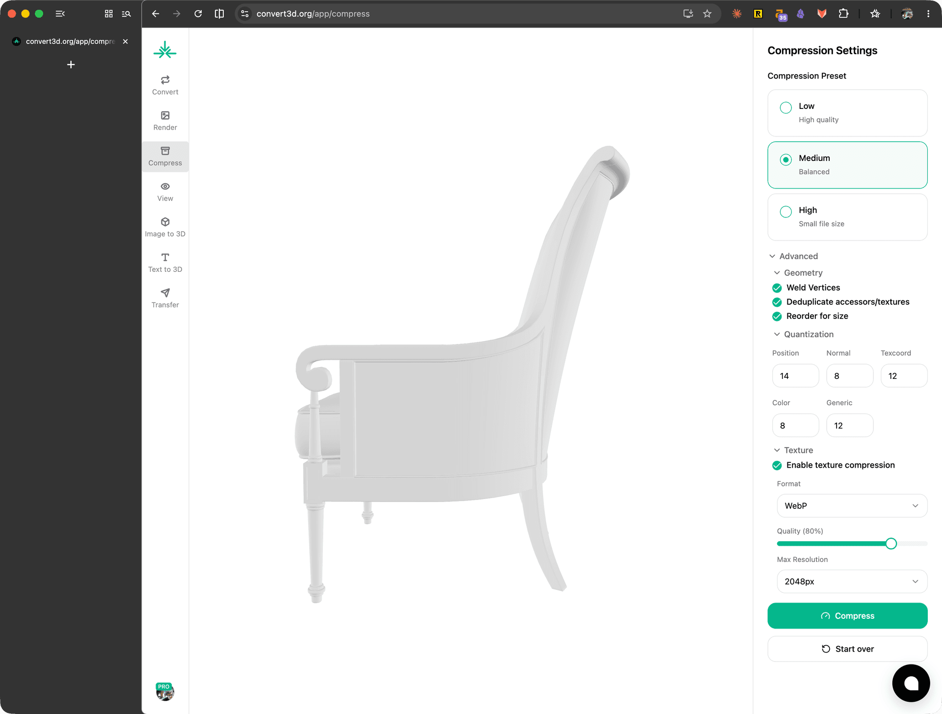 Compression app with model preview and advanced compression settings