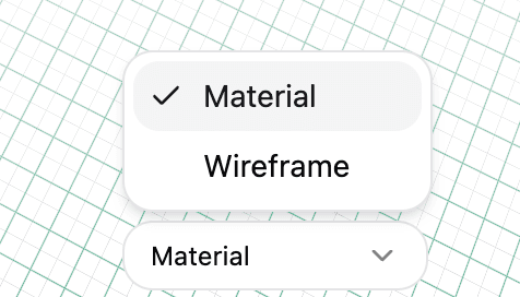 View mode menu with Material and Wireframe options