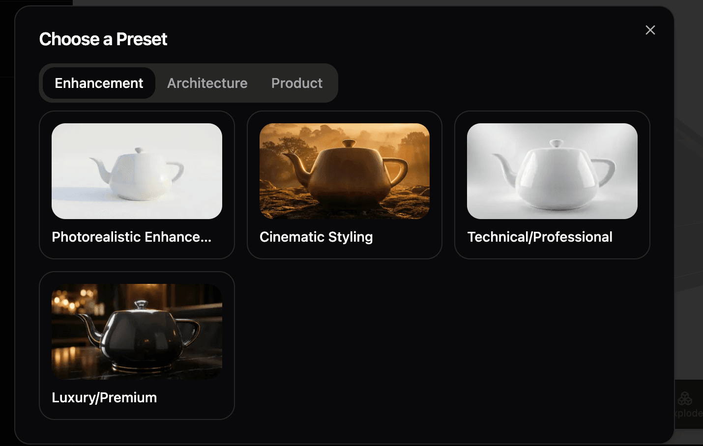 Choose a Preset dialog with Enhancement, Architecture, and Product categories
