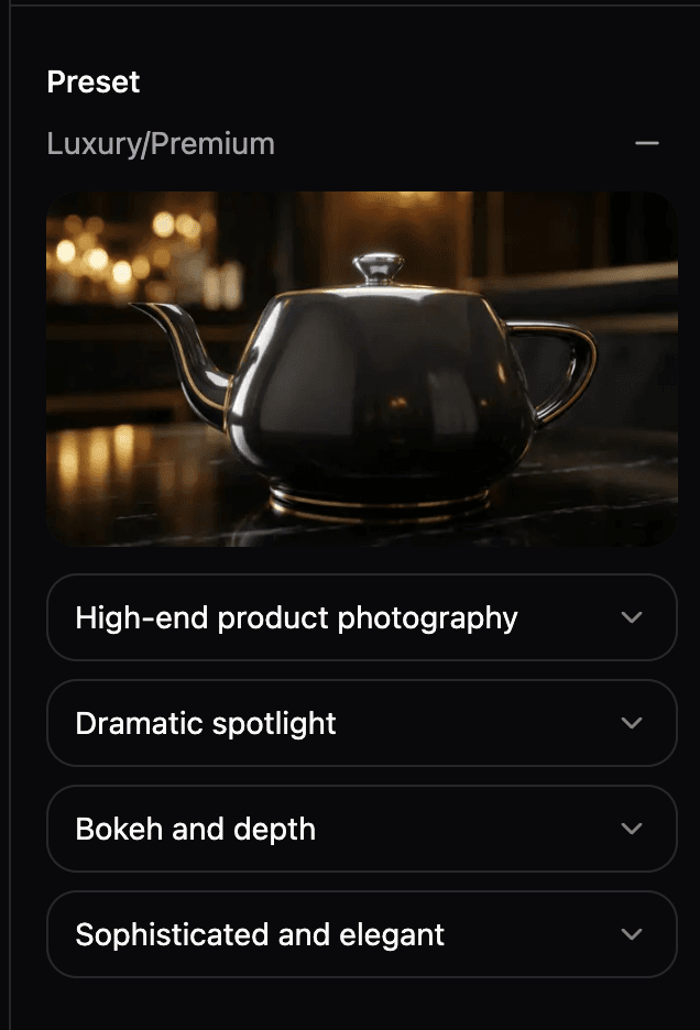 Luxury Premium preset settings with product photography, spotlight, bokeh, and tone options
