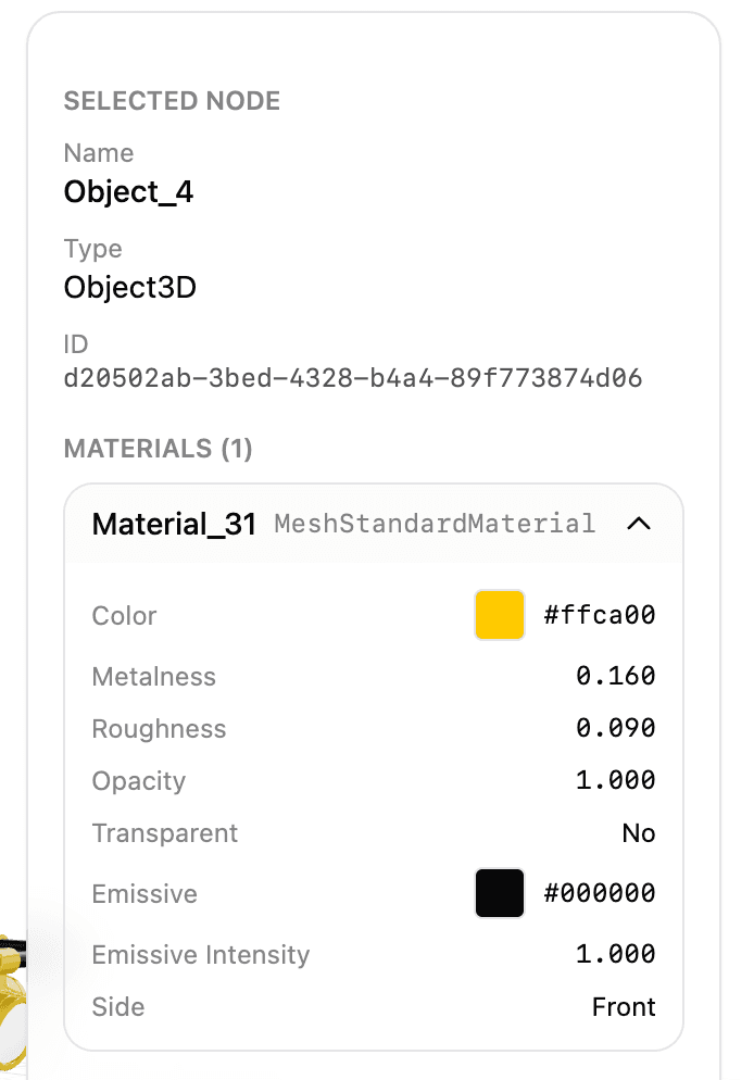 Selected mesh panel with material properties
