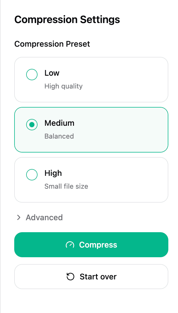Compression settings sidebar with Low, Medium, and High presets