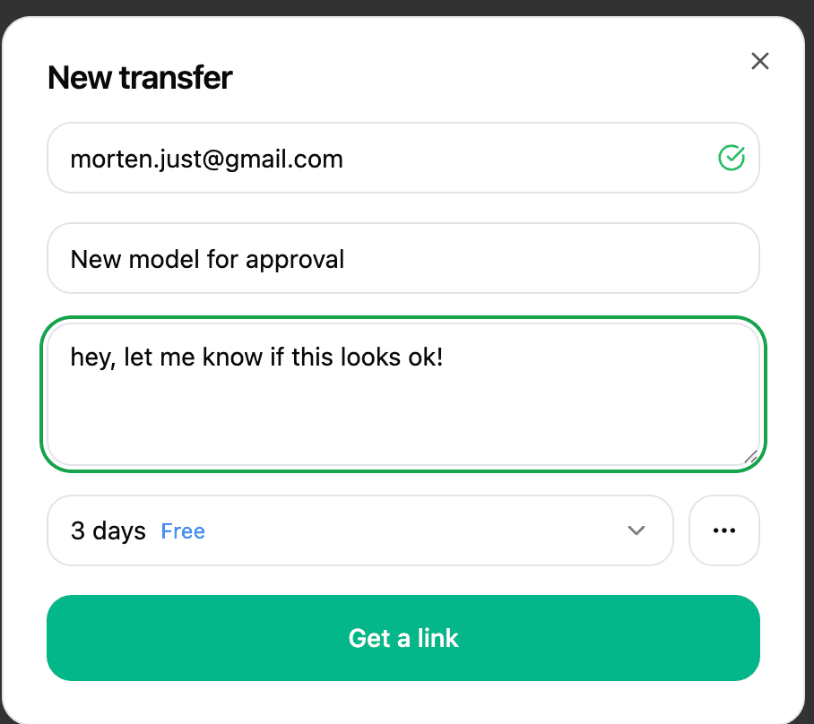 Transfer expiration menu with 1 day, 3 days, 7 days, 30 days, 60 days, and 1 year