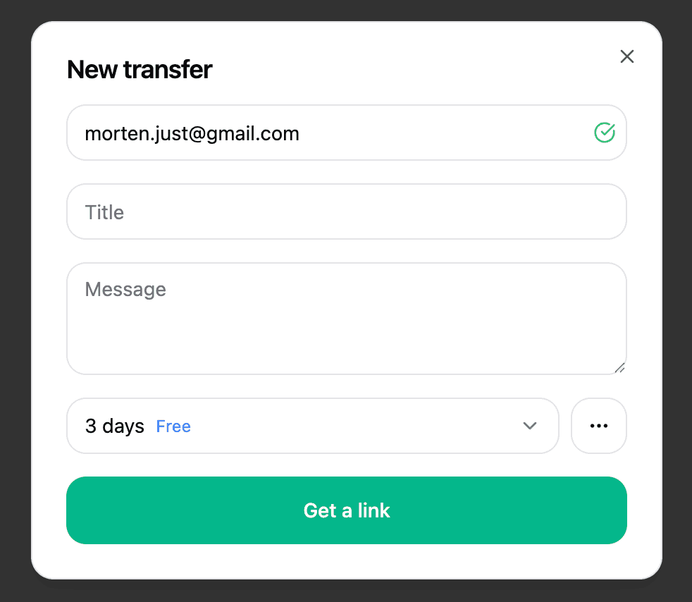 New transfer form with email, title, message, expiration, and get link button