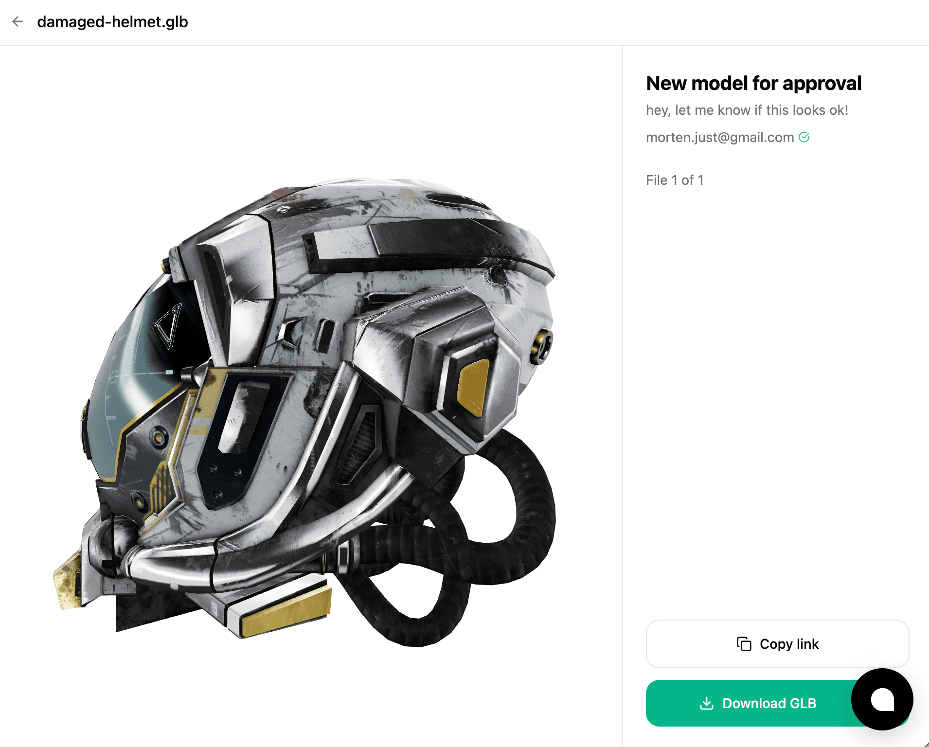 Shared model preview page with title, message, copy link, and download GLB button
